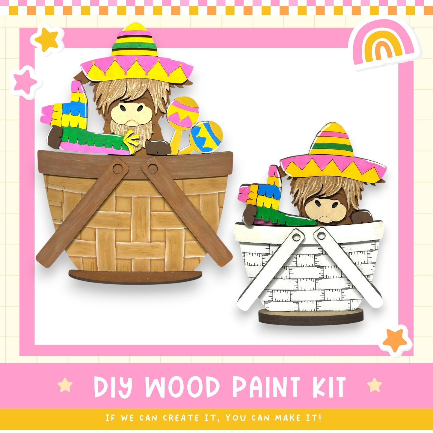 two cartoon horses, one in a basket and the other in a basket, wearing colorful sombreros and holding various objects. The image is a DIY wood paint kit, and the caption encourages creating the kit if the viewer can make it.