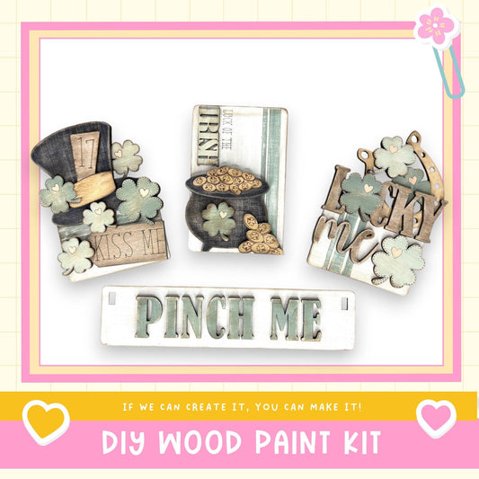 The image is a DIY wood paint kit advertisement, featuring various wooden shapes and text related to the craft.