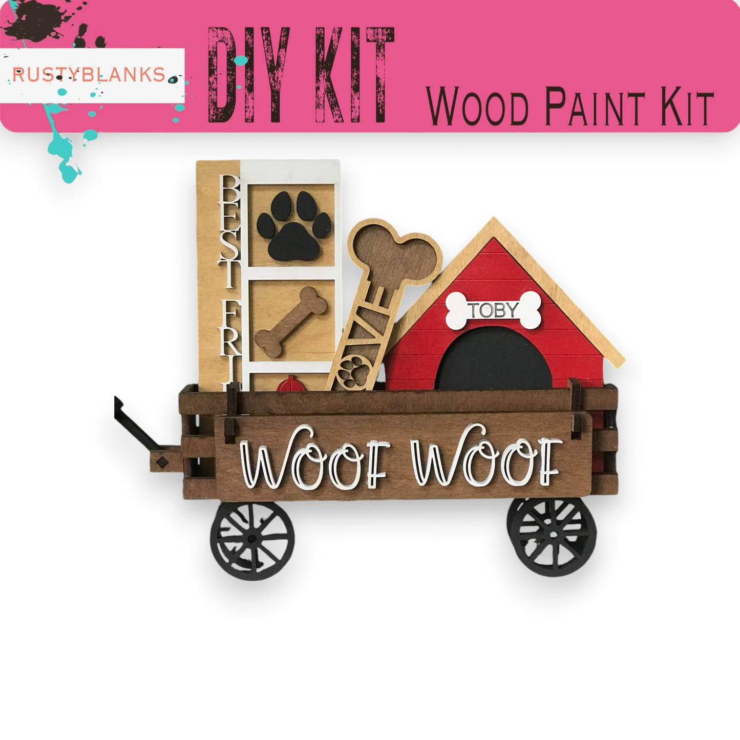 a dog house on a wagon with a dog's paw print on it