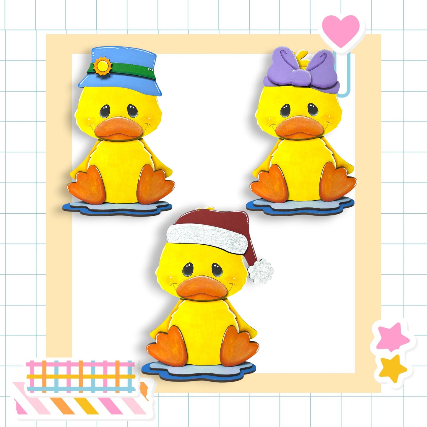 A collage of three cheerful yellow duck figures wearing hats and bow ties, set against a grid background with colorful stickers.