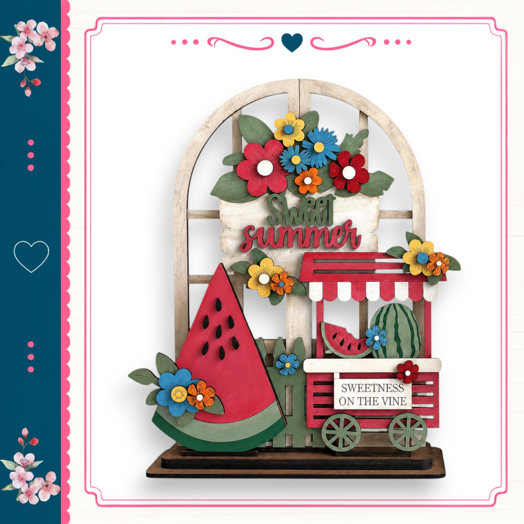 A wooden sign with a watermelon and flowers, along with the text "Sweet summer" and "Sweetness on the vine", is displayed in the image.