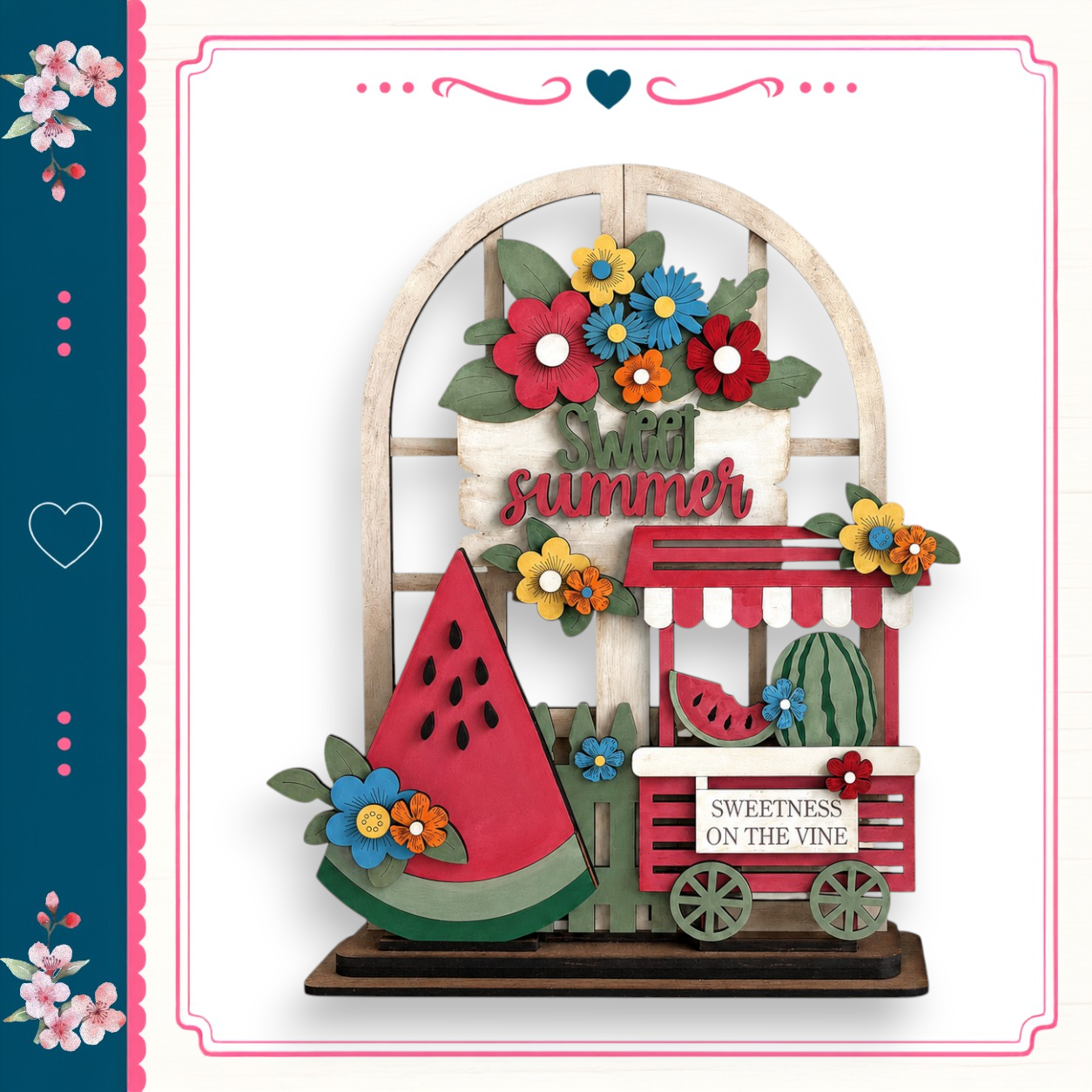 A wooden sign with a watermelon and flowers, along with the text "Sweet summer" and "Sweetness on the vine", is displayed in the image.