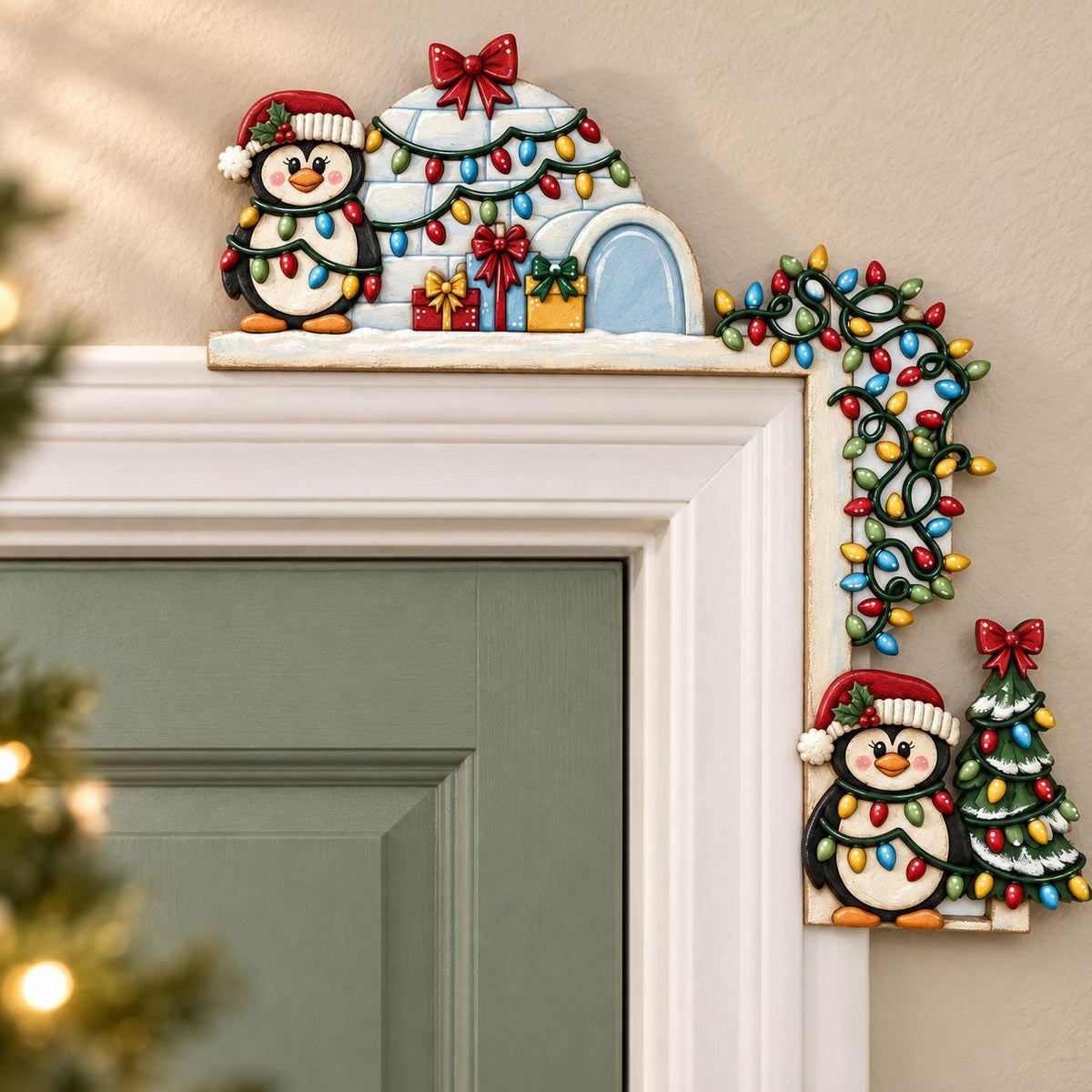 a festive holiday scene with two decorative penguin figures on a wall, one on the left and one on the right, both wearing Santa hats and surrounded by Christmas lights and presents.