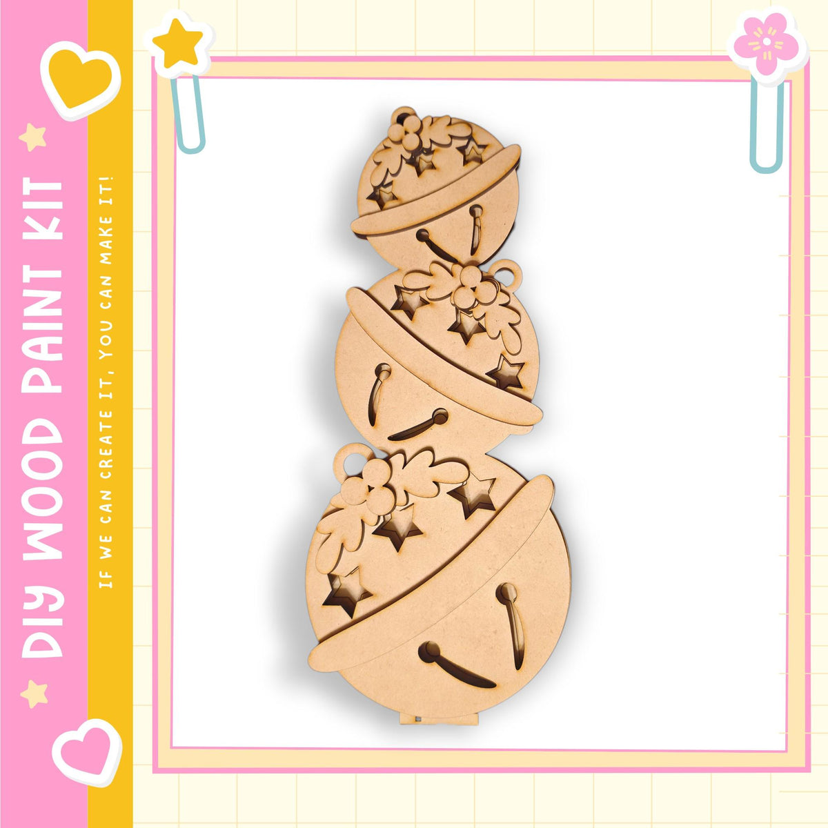 A wooden ornament kit with a snowman design, featuring three wooden balls stacked on top of each other with decorative elements.