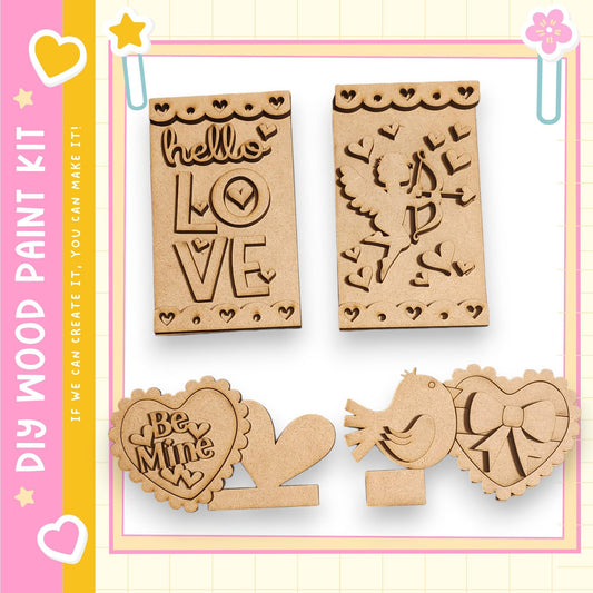 various wooden shapes and designs, including a heart-shaped cutout, a bird-shaped cutout, and a heart-shaped cutout with the words "Be Mine" carved into it.