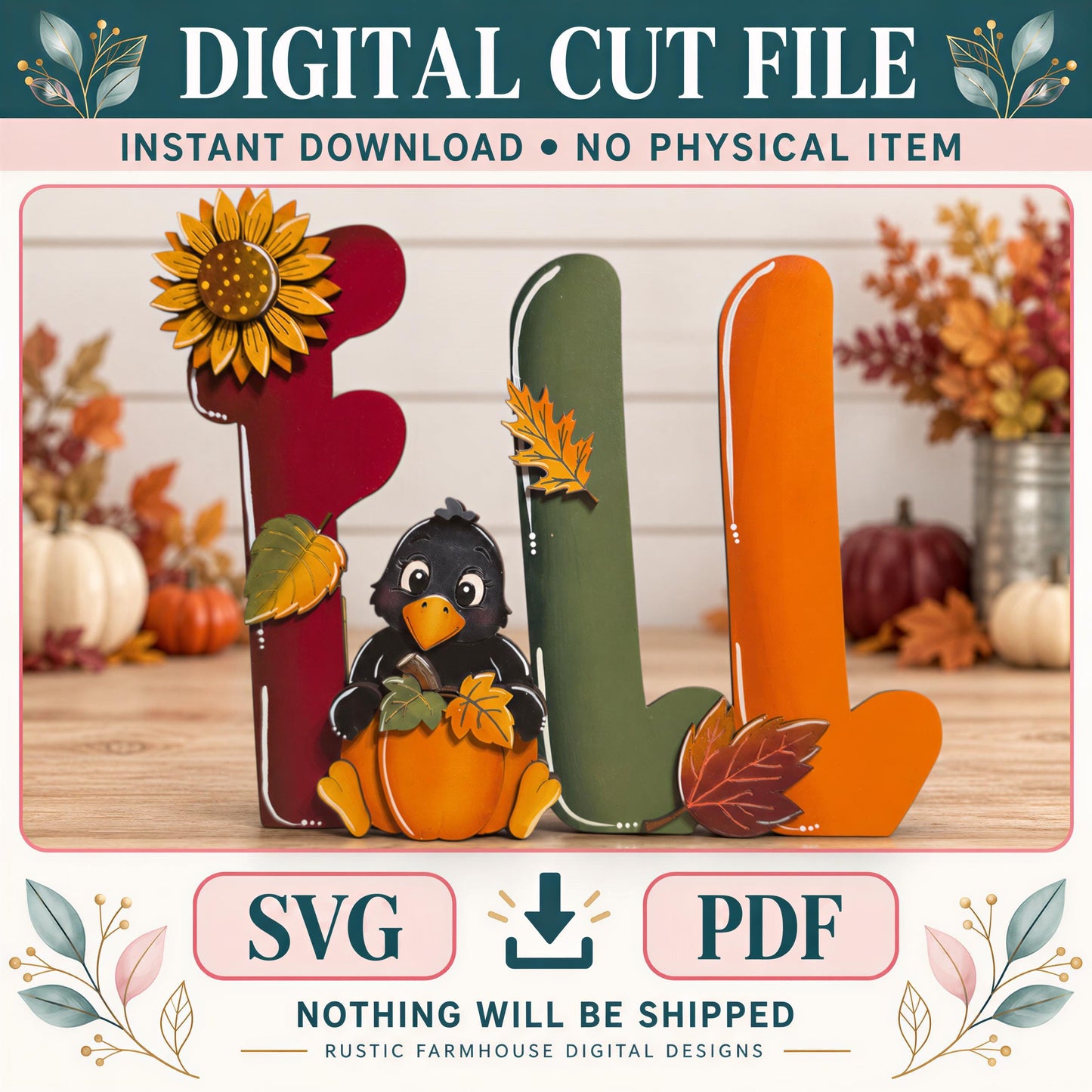a digital cut file of a fall-themed decoration, including a pumpkin and a bird, displayed on a wooden surface.