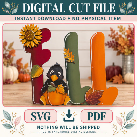 a digital cut file of a fall-themed decoration, including a pumpkin and a bird, displayed on a wooden surface.