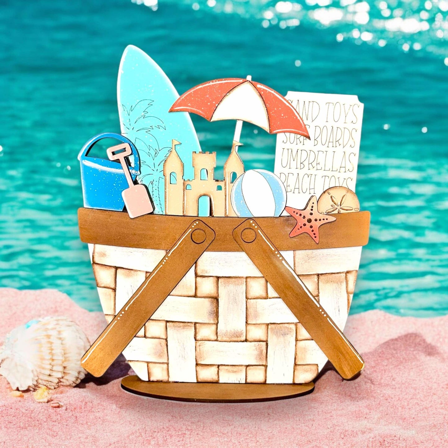 a basket filled with items sitting on top of a beach