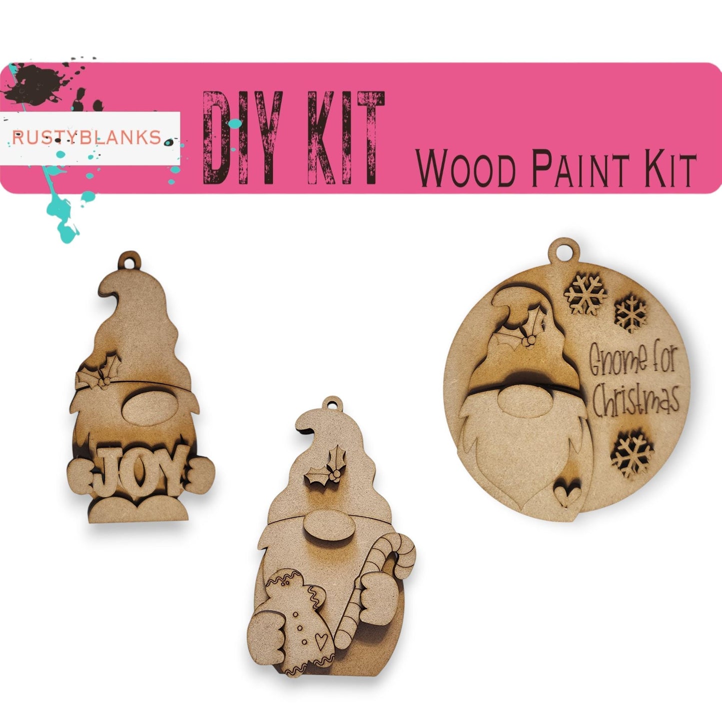 three wooden christmas ornaments are shown with the words diy kit