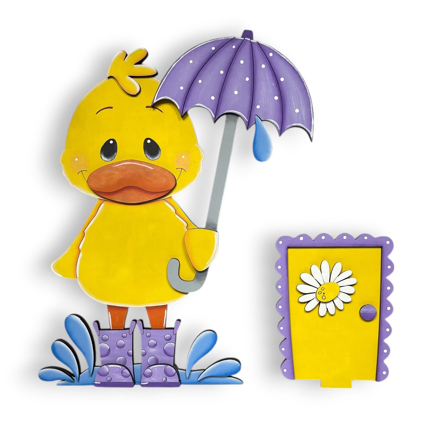 A yellow duck holding a purple umbrella and standing next to a yellow door with a white flower on it.