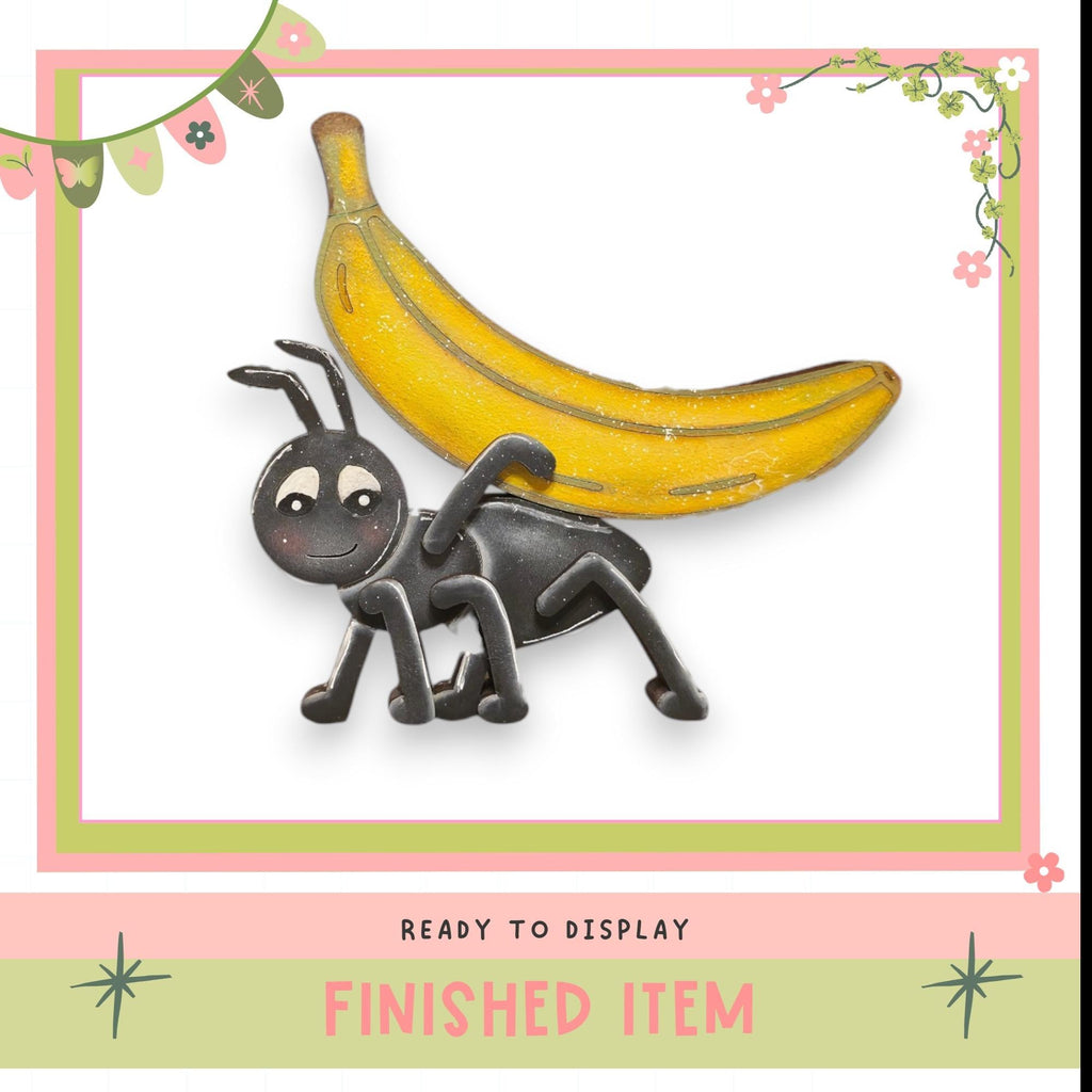 a cartoon ant carrying a banana on its back.