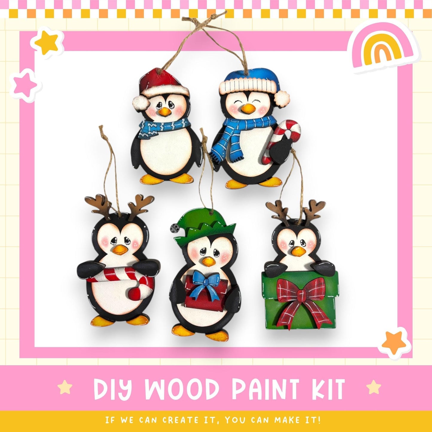 A DIY wood paint kit for creating ornaments in the shape of penguins, featuring five different penguin designs in various colors and styles.