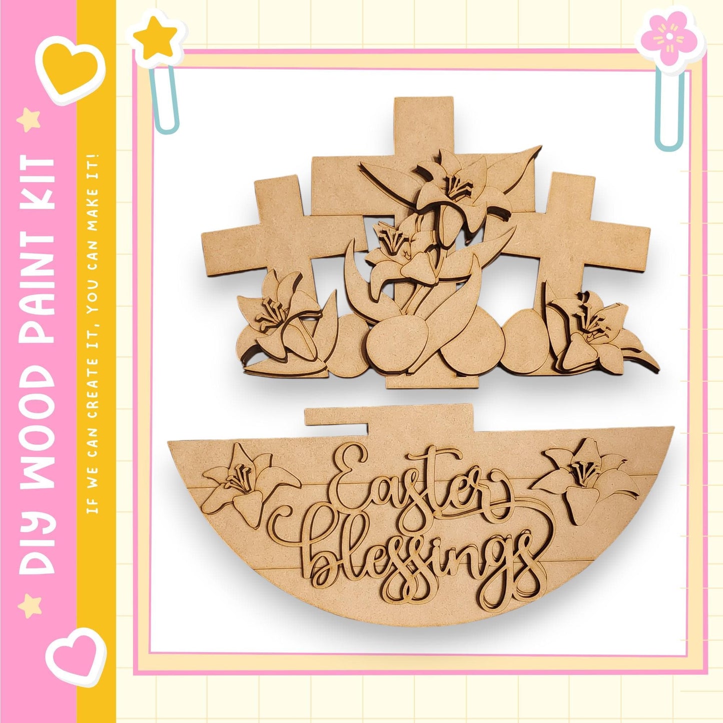 a wooden Easter-themed decoration kit, including a cross and a sign with the text "Easter Blessings".
