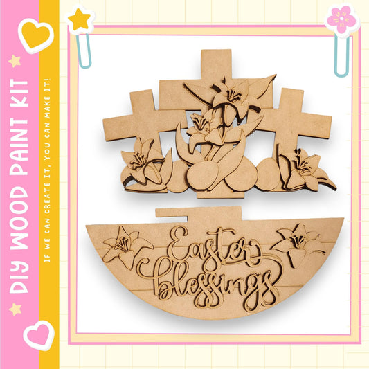 a wooden Easter-themed decoration kit, including a cross and a sign with the text "Easter Blessings".
