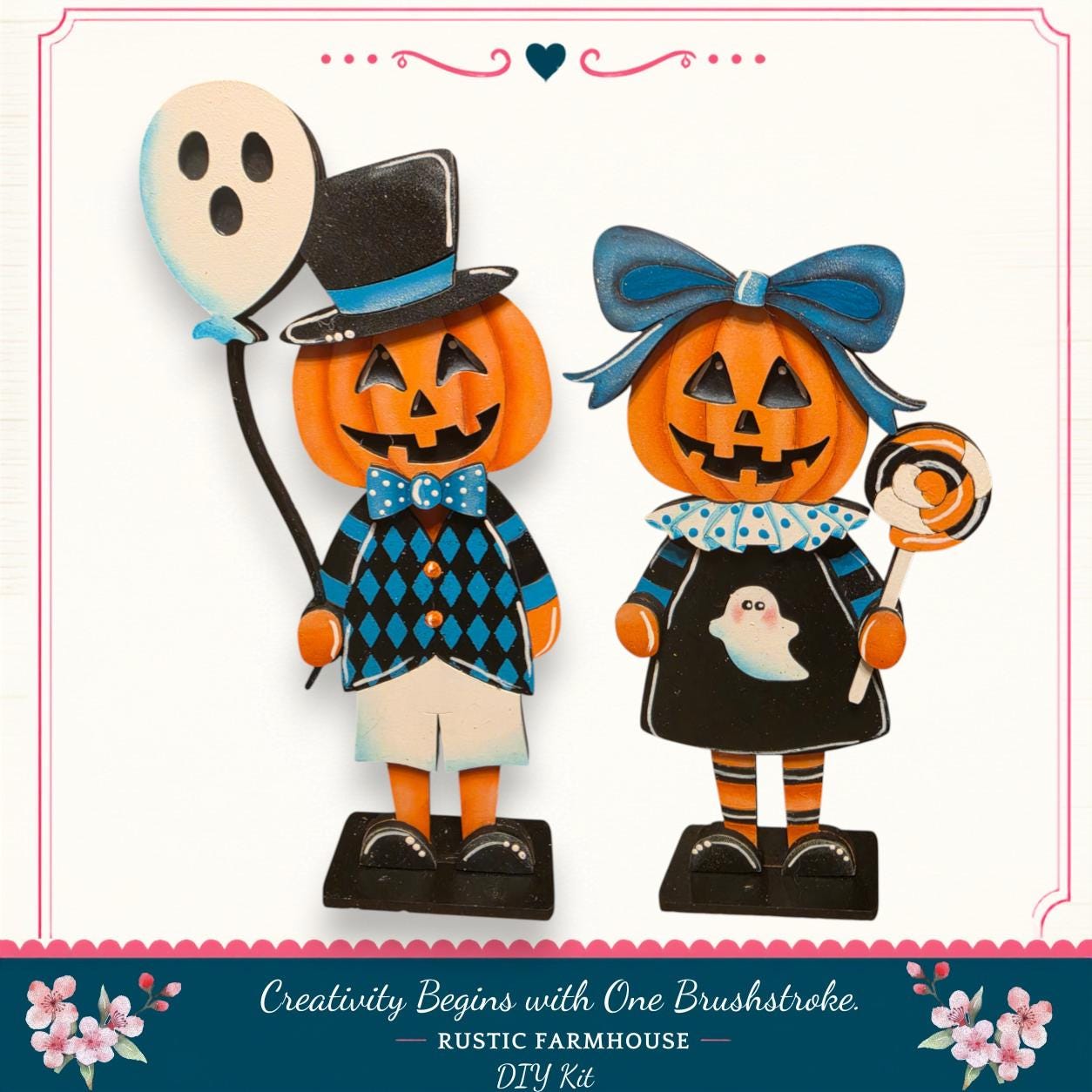 two jack-o-lantern figurines dressed in Halloween costumes, including a top hat, bowtie, and a ghost.
