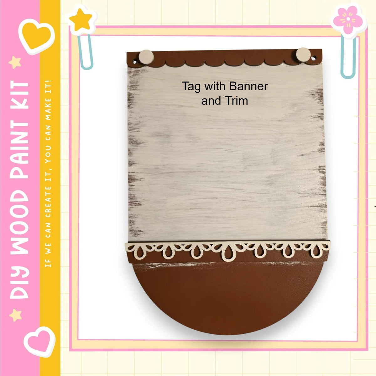 a wooden sign with a blank space for writing, surrounded by decorative elements such as hearts and a star.