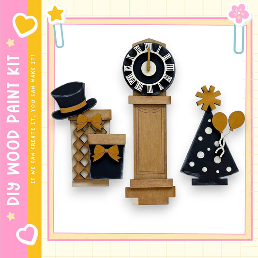 a wooden clock with a black face and gold hands, a wooden box with a bow, and a wooden toy tree with gold stars.