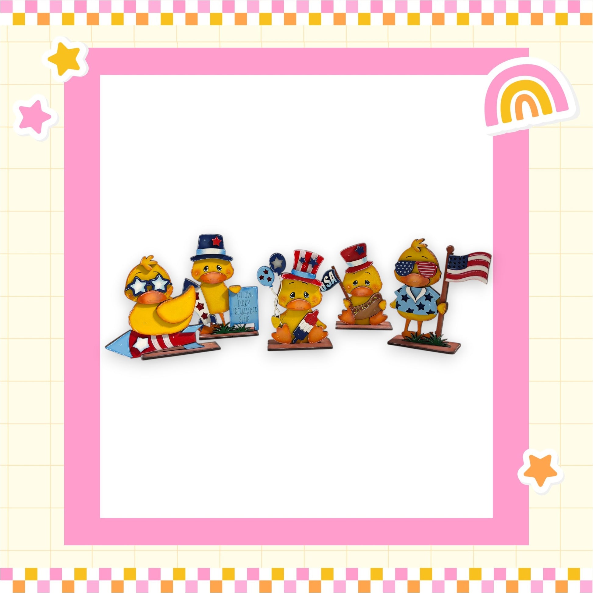 A group of five cartoon ducks wearing patriotic hats, including an American flag, are arranged in a row within a pink and white checkered border.