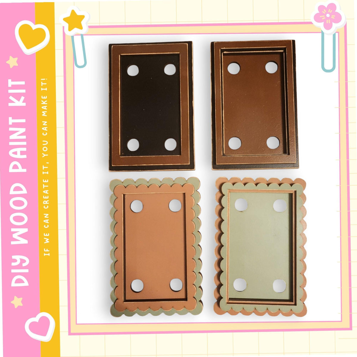 four different wooden frames, each with a unique color and design, arranged in a grid-like pattern.