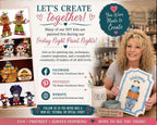 The image is a promotional poster for a DIY kit called "Friday Night Paint Nights" featuring a smiling woman holding a sign with a pumpkin and other fall-themed decorations. The poster includes text and images related to the DIY kit, such as a Facebook page, a Pintrest website, and a website for the Rustic Farmhouse Decor. The overall layout and design of the poster are visually appealing and inviting, encouraging viewers to join the DIY kit and create together.