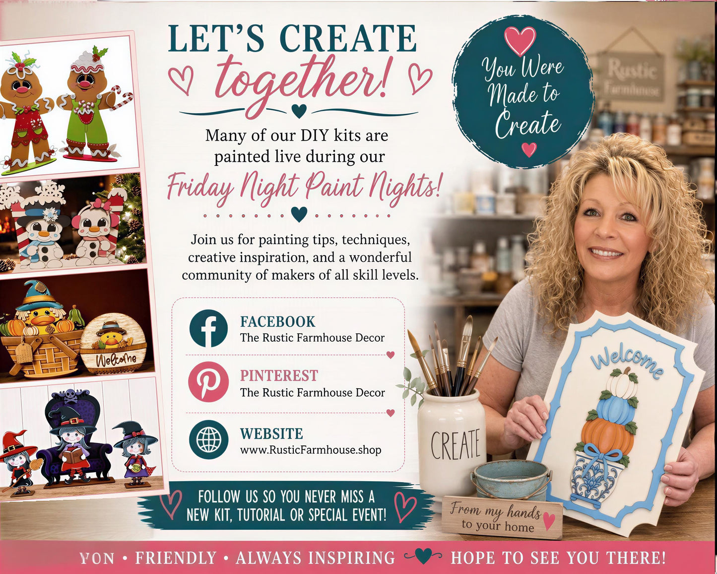 The image is a promotional poster for a DIY kit called "Friday Night Paint Nights" featuring a smiling woman holding a sign with a pumpkin and other fall-themed decorations. The poster includes text and images related to the DIY kit, such as a Facebook page, a Pintrest website, and a website for the Rustic Farmhouse Decor. The overall layout and design of the poster are visually appealing and inviting, encouraging viewers to join the DIY kit and create together.