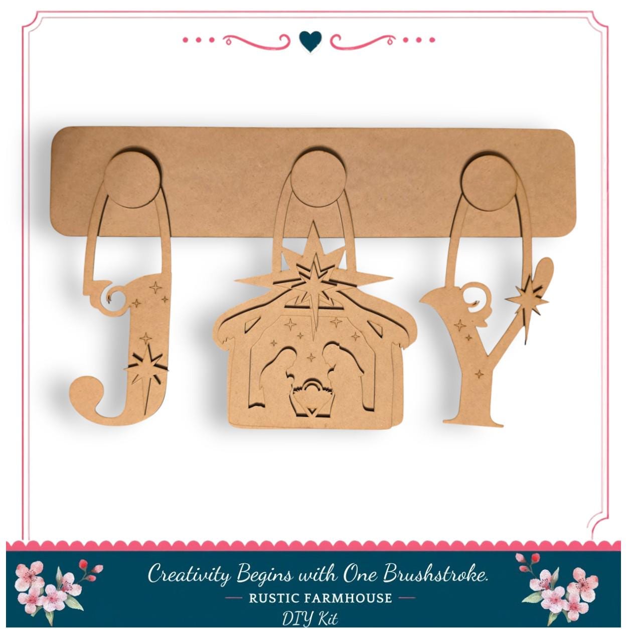 A DIY kit for creating a nativity scene with cardboard cutouts of the manger, baby Jesus, and other decorative elements.