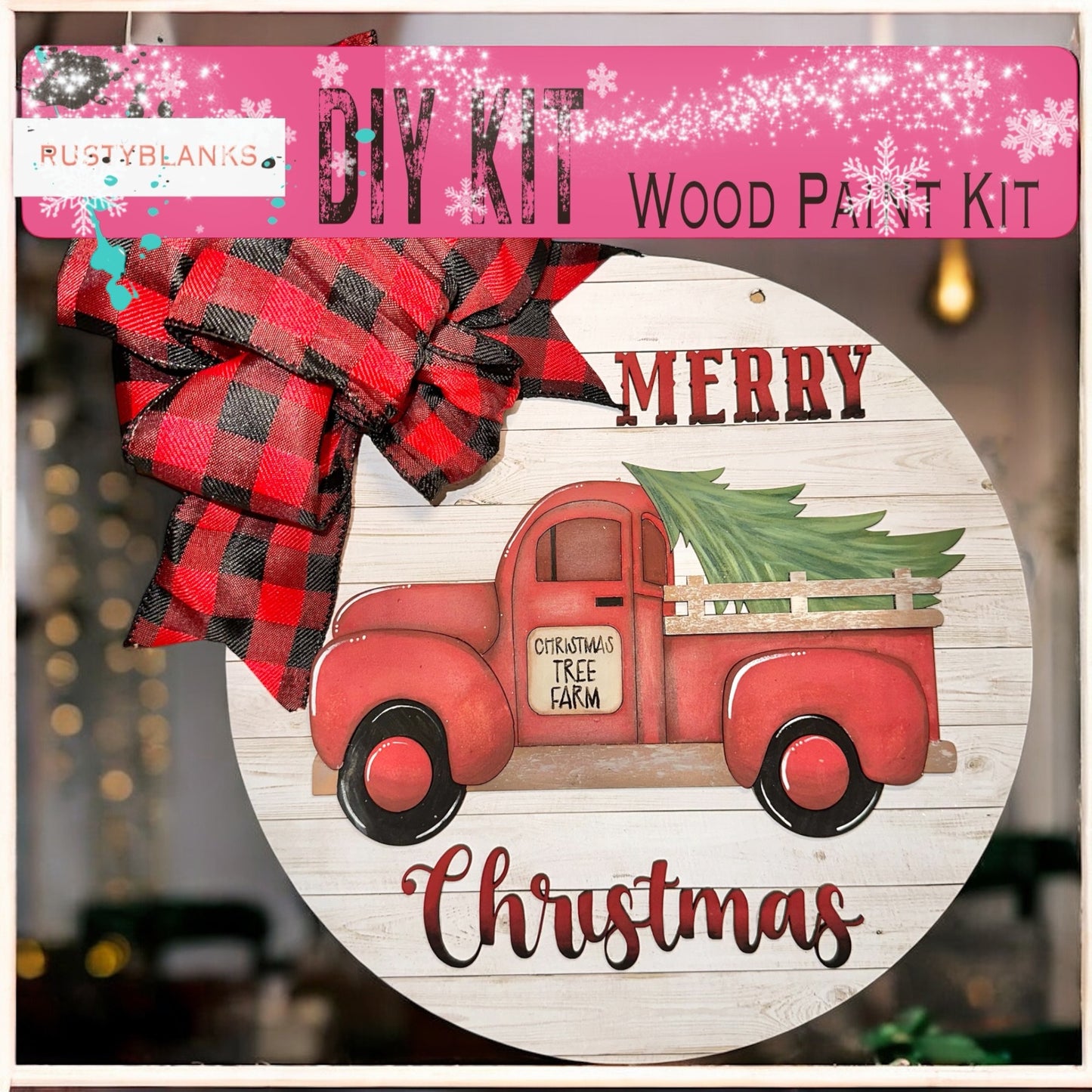 a red truck with a christmas tree on the back of it