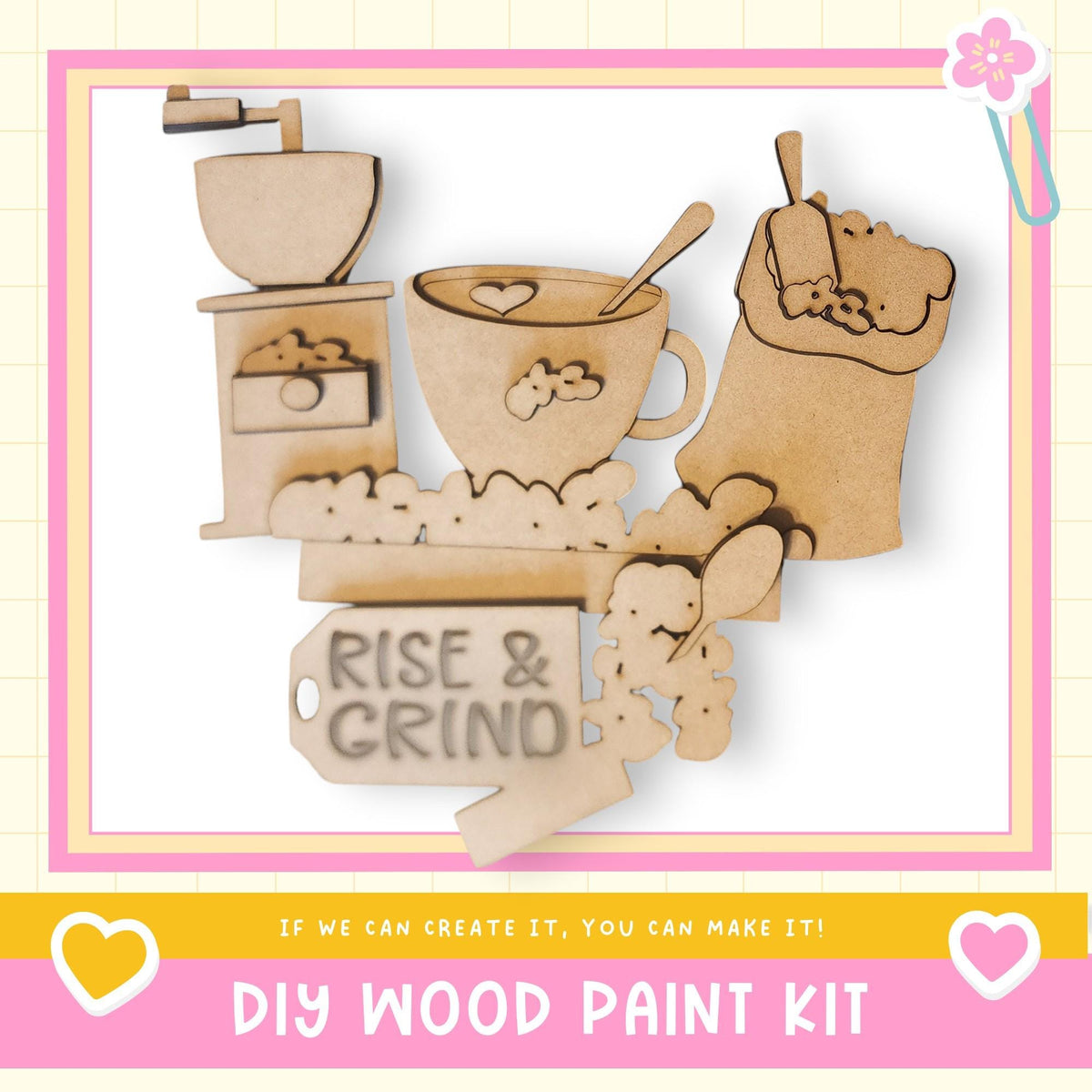 The image is a DIY wood paint kit advertisement, featuring various wooden shapes and objects such as a coffee cup, spoon, and bowl, along with the text "RISE & GRIND" and "DIY WOOD PAINT KIT" displayed prominently.
