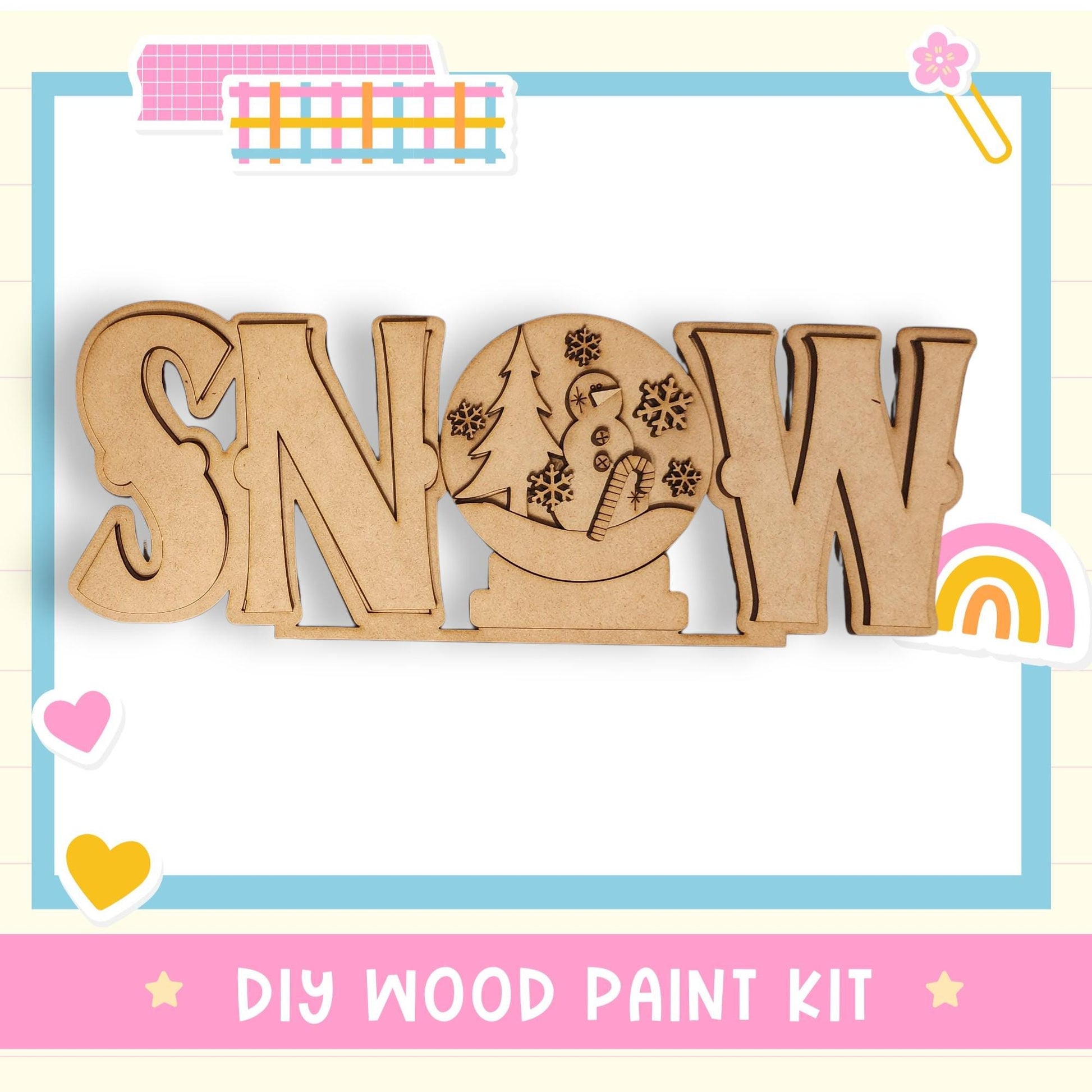 a DIY wood paint kit for creating a snow globe, with the word "SNOW" prominently displayed in the center.