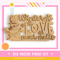 The image is a promotional poster for a DIY wood paint kit, featuring a snowman and the text "Winter Love never melts".