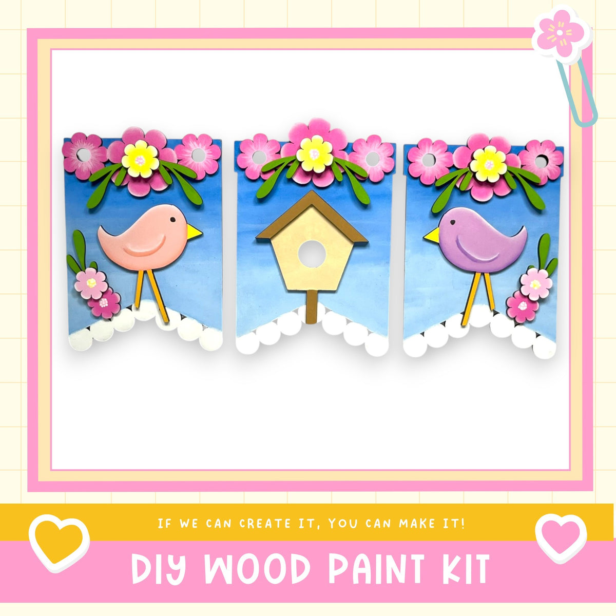 The image is a collage of three pictures, each featuring a bird and a birdhouse. The collage is framed with a pink border and includes text that encourages viewers to create their own wood paint kit.