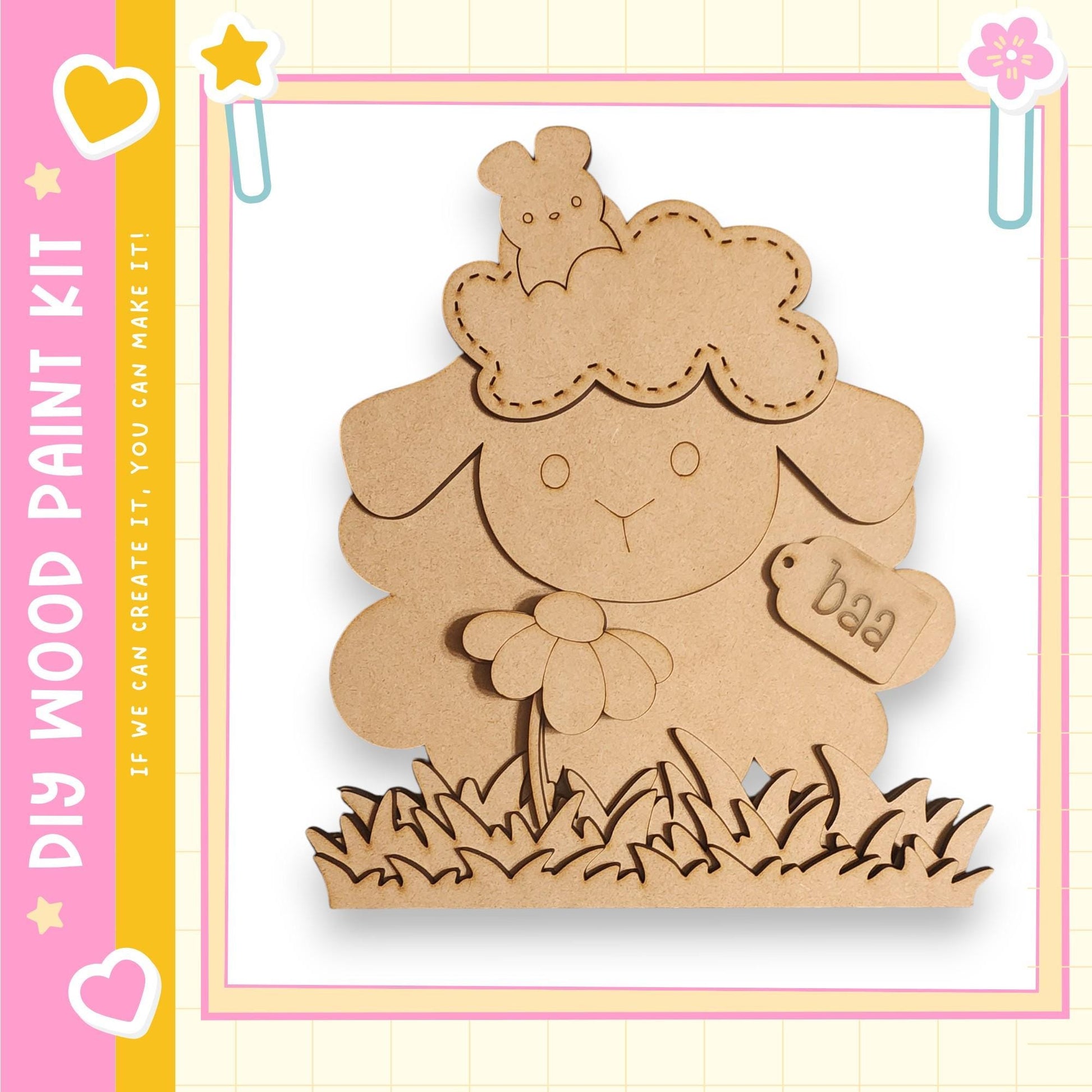 a wooden craft kit, specifically a sheep-shaped piece, with a cloud-shaped head and a flower-shaped body. The kit appears to be made of wood and is designed for children to create their own sheep-themed items.