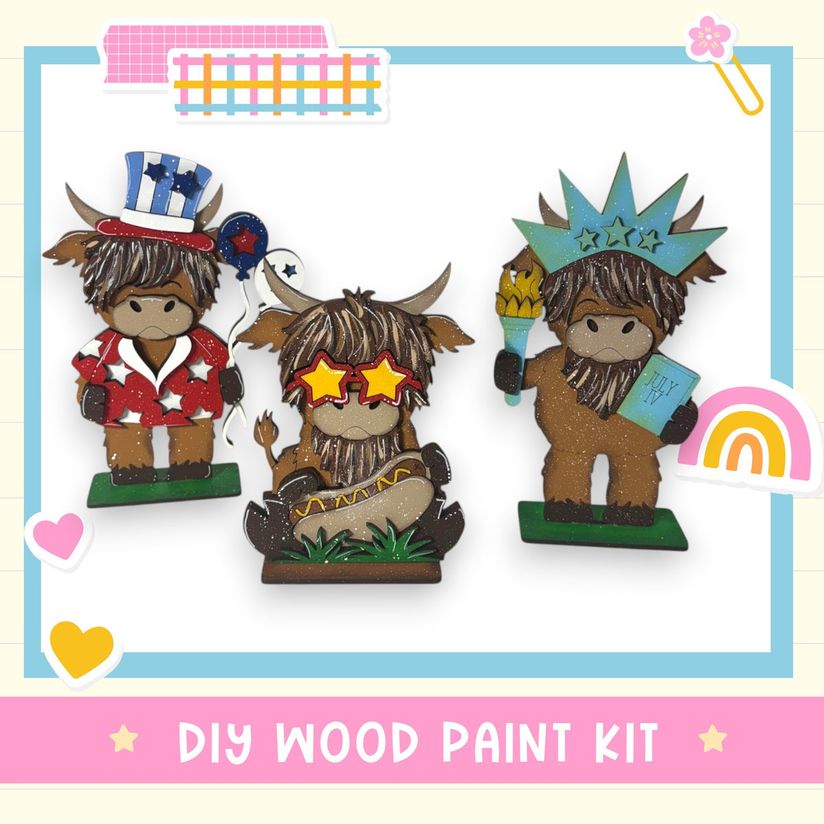 three wooden figurines dressed in patriotic outfits, including hats and patriotic colors, arranged in a row.