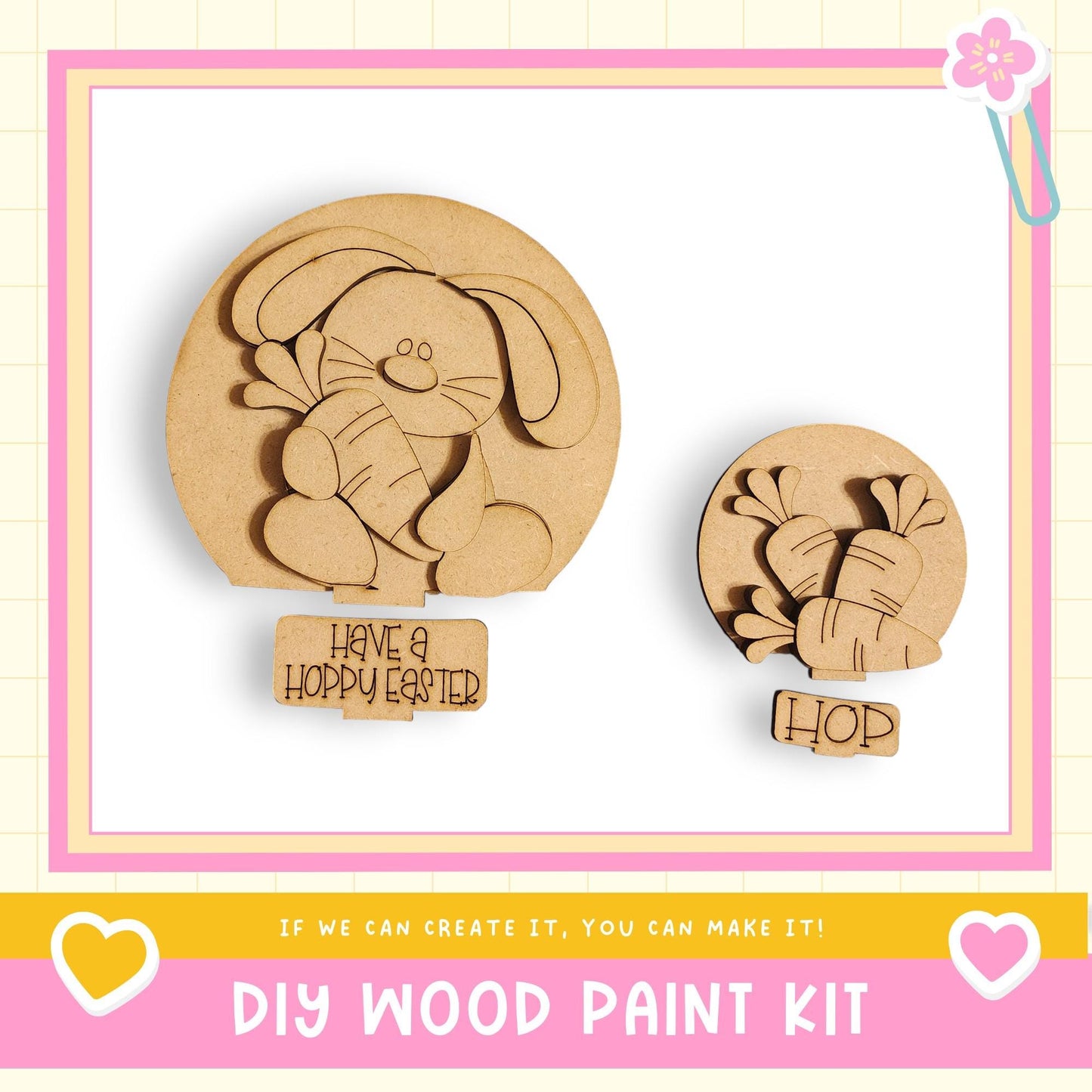 two wooden Easter-themed decorations, including a larger bunny decoration and a smaller bunny decoration, both holding carrots. The text "Have a Hoppy Easter" is displayed on the larger bunny decoration, and the word "HOP" is visible on the smaller bunny decoration. The image also includes a DIY wood paint kit and a heart symbol, suggesting that the viewer can create their own Easter-themed decorations.