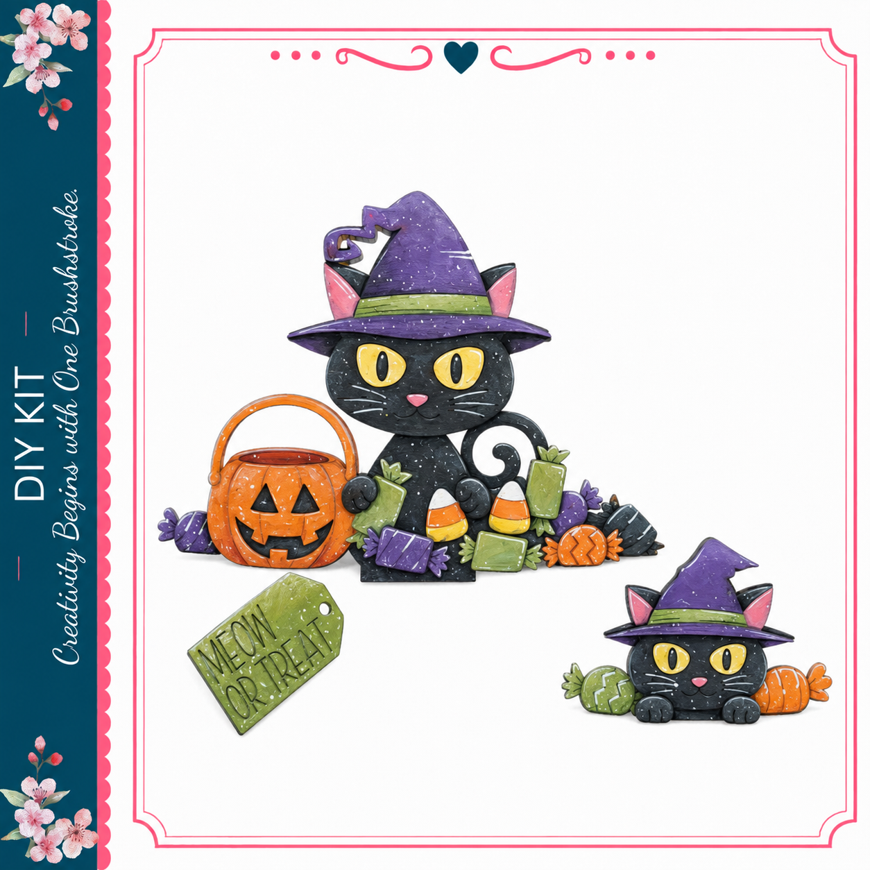 A black cat wearing a purple witch's hat and holding a carved pumpkin, surrounded by Halloween-themed candy and decorations.