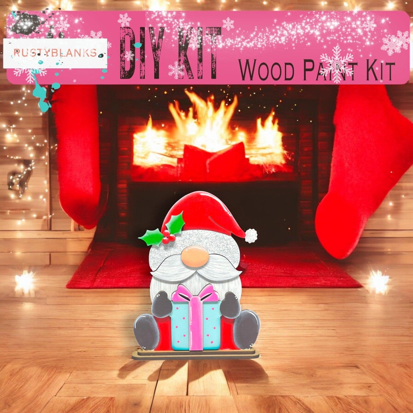 a paper cutout of a santa clause sitting in front of a fireplace