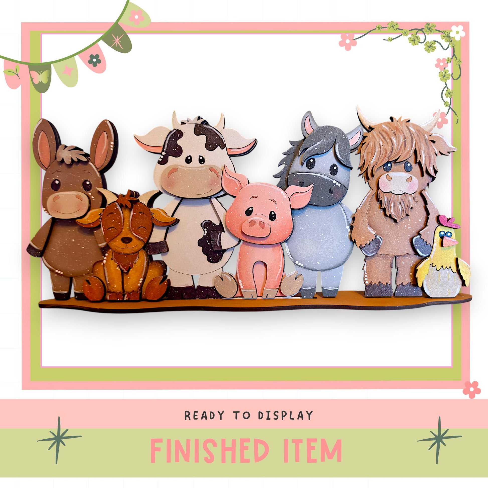 a group of five animal figurines, including a cow, pig, horse, donkey, and chicken, arranged in a row and displayed on a shelf.