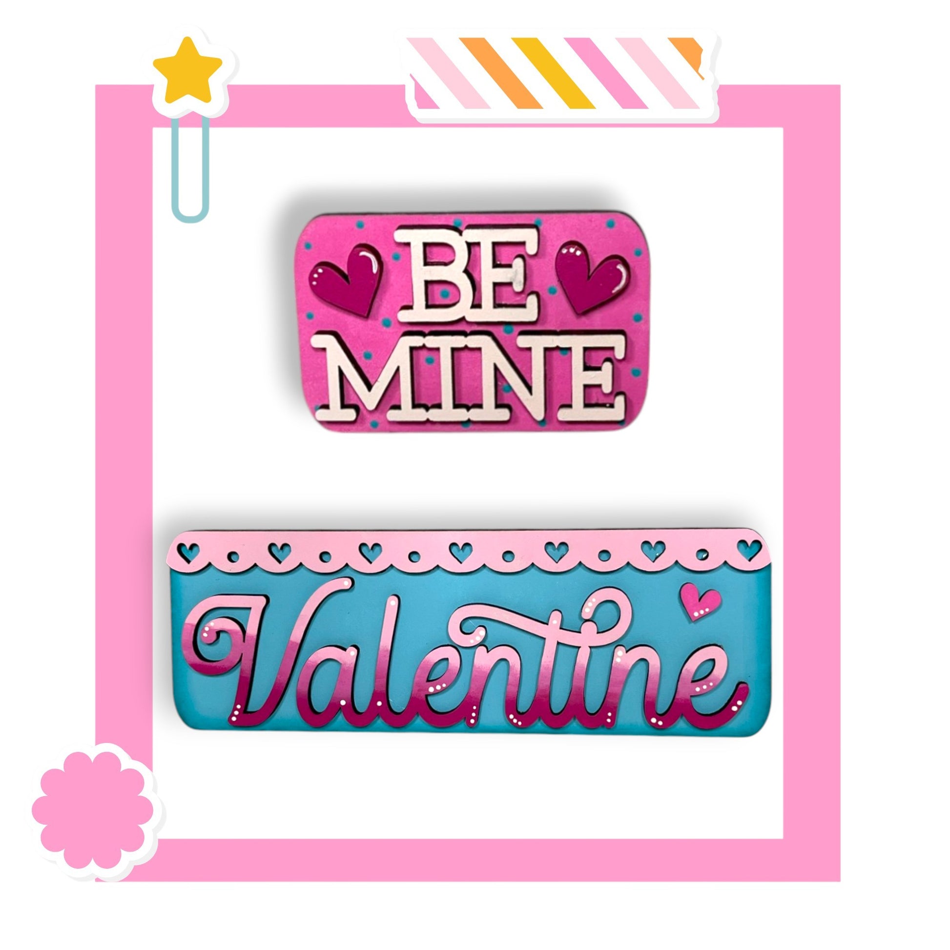 two magnets with the words be mine and valentine on them