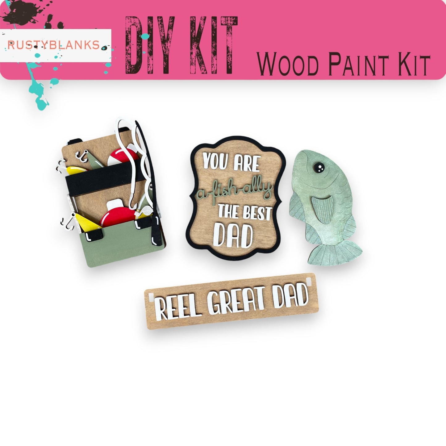 a wooden craft kit with a fish and a sign