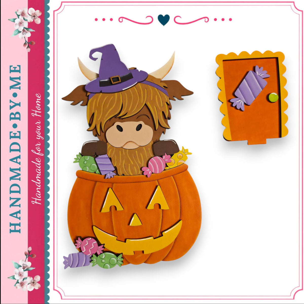 A cartoon illustration of a cow wearing a witch's hat and sitting inside a carved pumpkin filled with candy, with a carved door nearby.