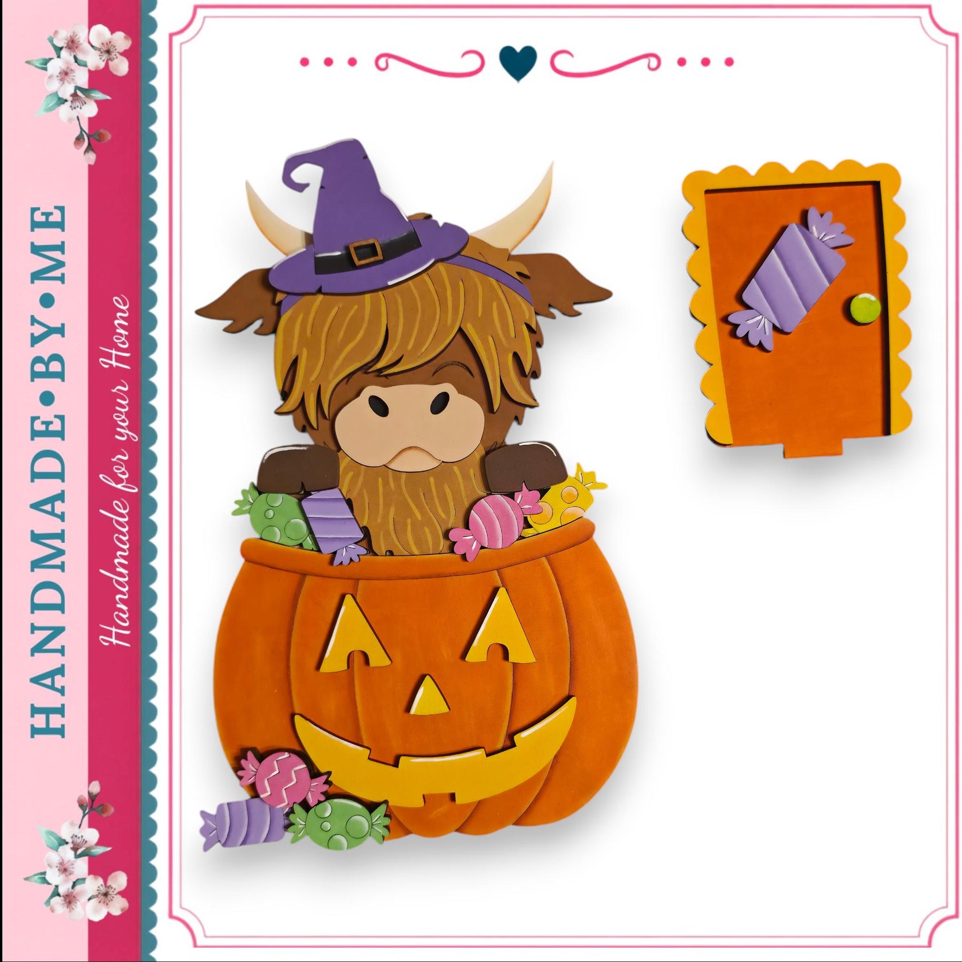 A cartoon illustration of a cow wearing a witch's hat and sitting inside a carved pumpkin filled with candy, with a carved door nearby.