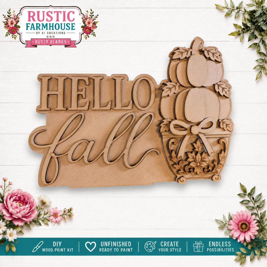 a rustic farmhouse-style sign with the phrase "Hello fall" carved into it, surrounded by floral elements and a wooden pumpkin decoration.