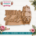 a rustic farmhouse-style sign with the phrase "Hello fall" carved into it, surrounded by floral elements and a wooden pumpkin decoration.