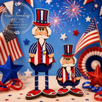 two wooden figures dressed in patriotic attire, likely representing Uncle Sam, set against a backdrop of American flags and fireworks.