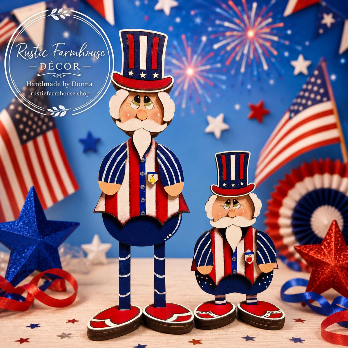two wooden figures dressed in patriotic attire, likely representing Uncle Sam, set against a backdrop of American flags and fireworks.
