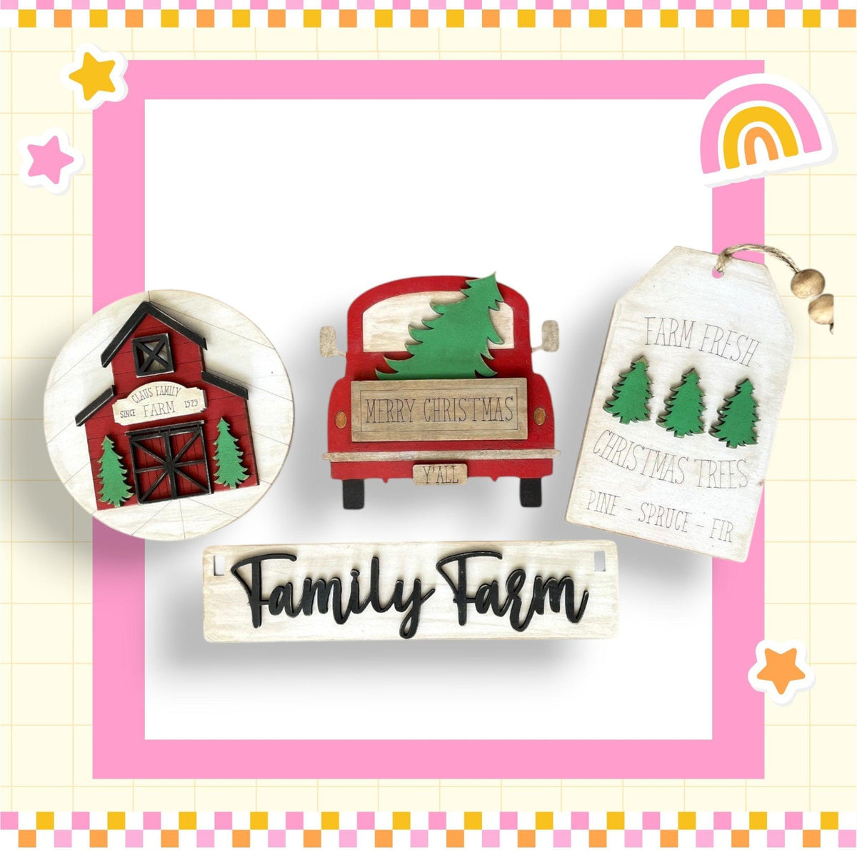 a picture of a family farm with a red truck and a green tree