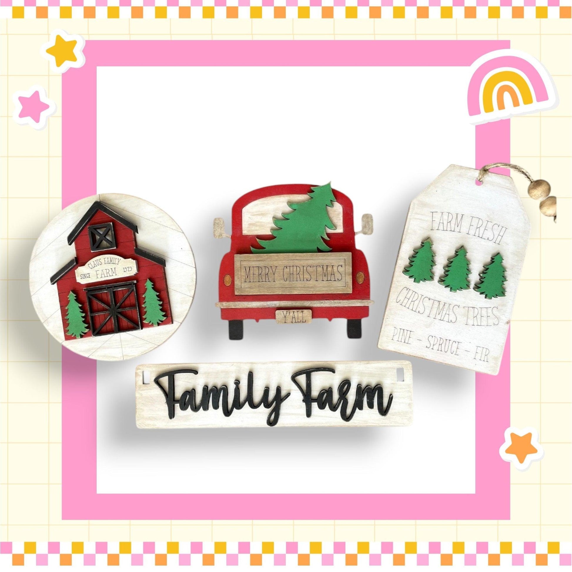 a picture of a family farm with a red truck and a green tree