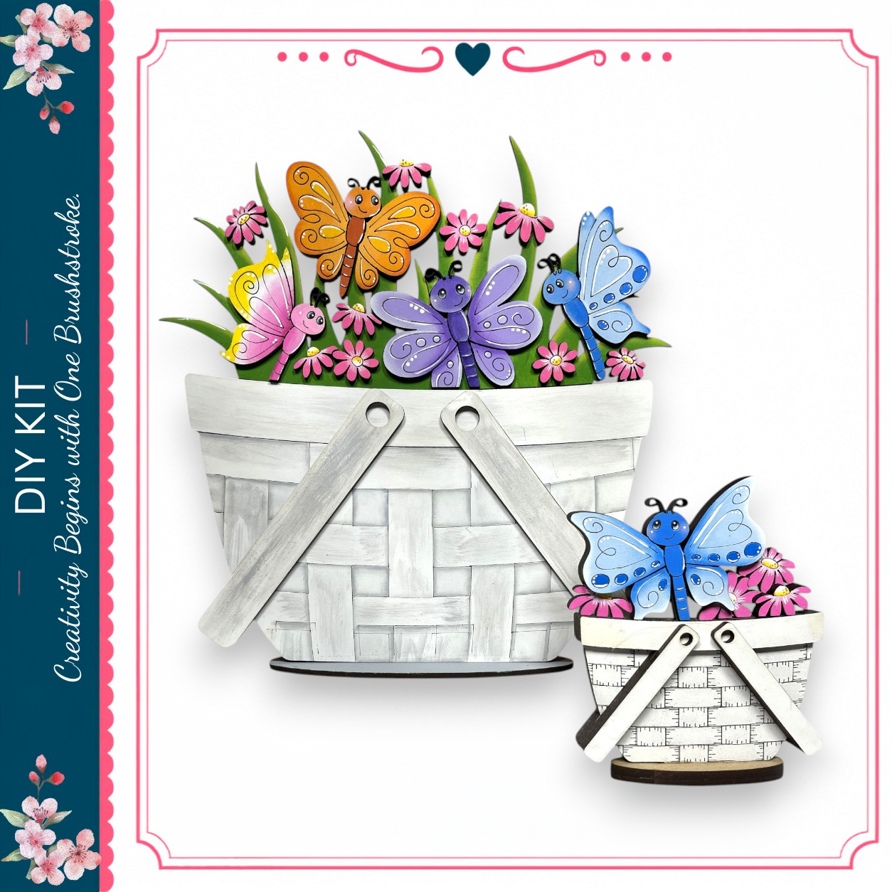 a white basket filled with colorful flowers and butterflies, with a smaller basket containing more flowers and butterflies.