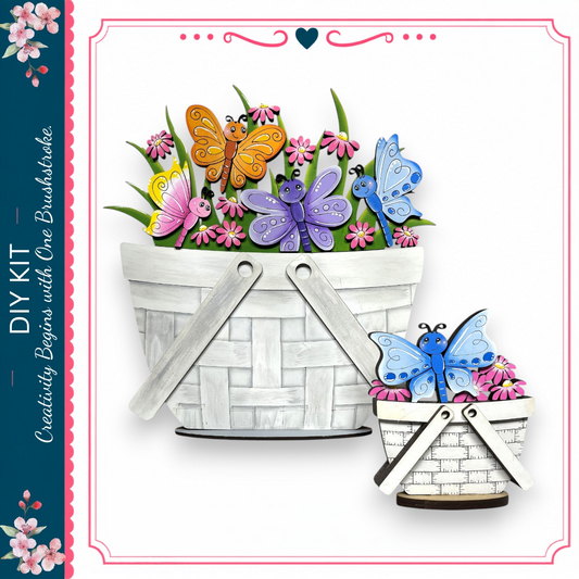 a white basket filled with colorful flowers and butterflies, with a smaller basket containing more flowers and butterflies.