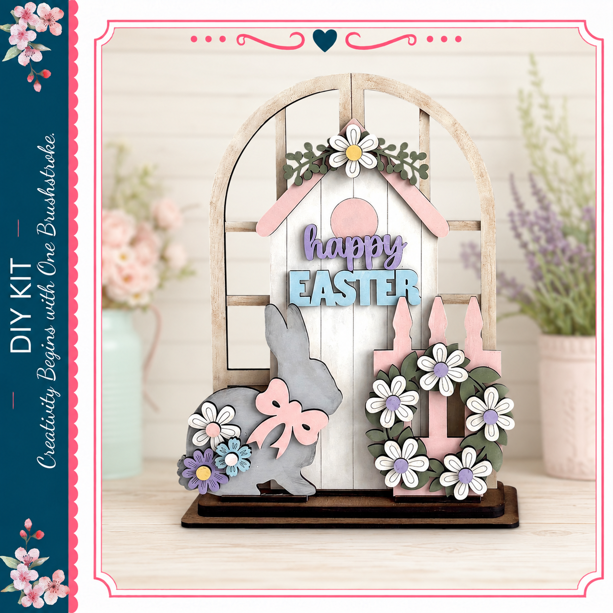 A wooden Easter decoration featuring a bunny, wreath, and flowers, with the text "Happy Easter" displayed on the structure.